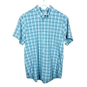 Mizzen + Main Mens Plaid Short Sleeve Trim Fit Button Down Shirt Size XL Blue